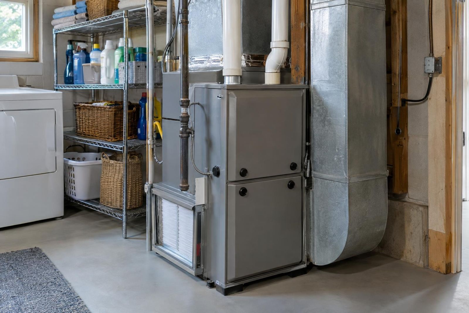 A gas furnace and ductwork in a home utility room