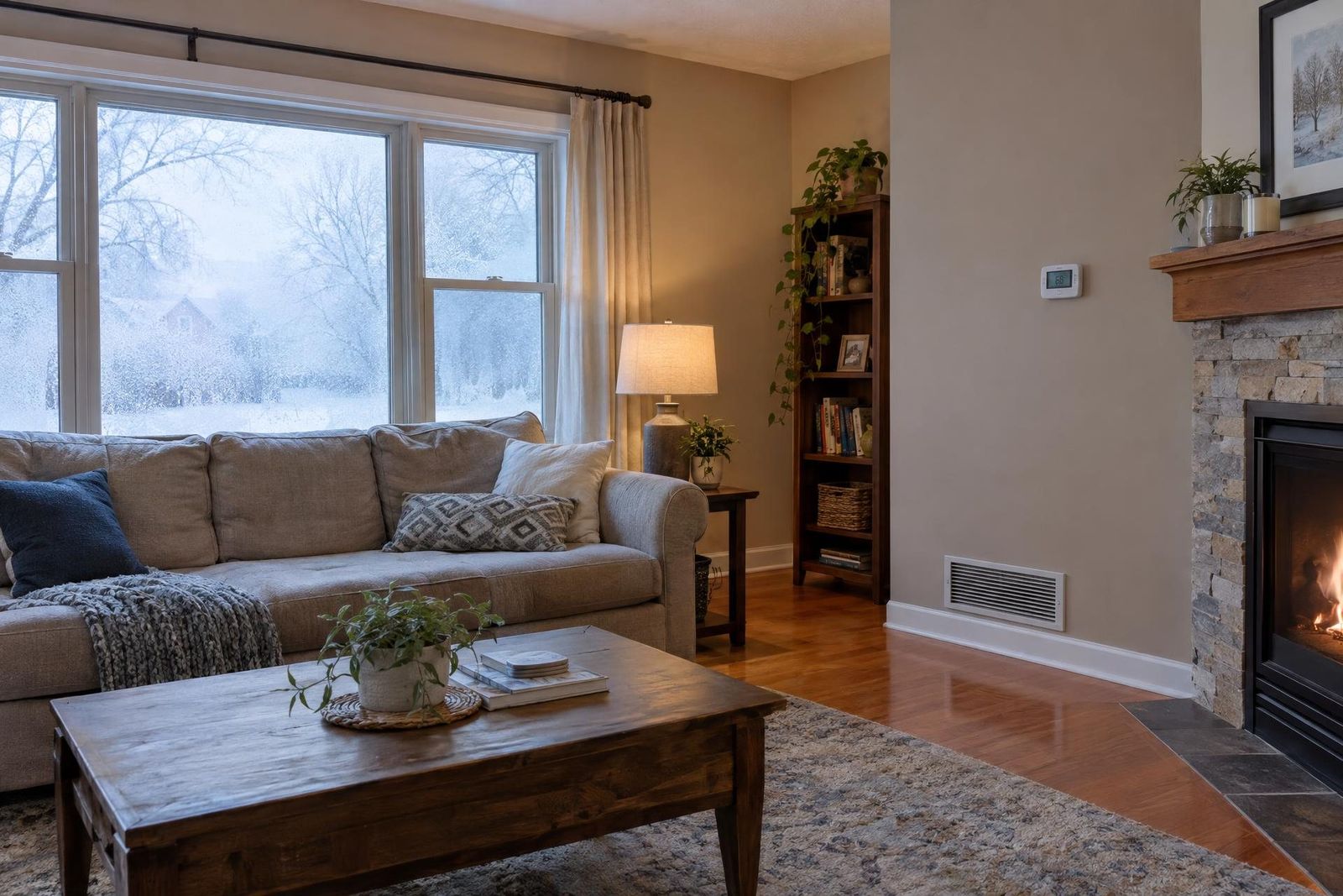 A warm living room with a thermostat on the wall